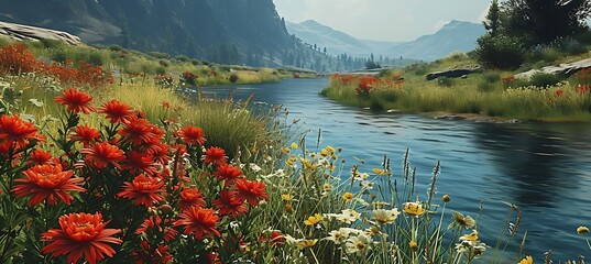 A Serene Countryside Scene Featuring a Winding River Snaking Through Rolling Green Fields Under a Peaceful, Golden Sunset and Clear Sky.

