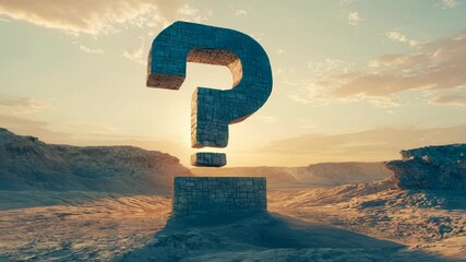 Giant Stone Question Mark in Desert at Sunset Representing Mystery and Curiosity - Powered by Adobe