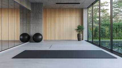 Modern, minimalist exercise room with large windows overlooking a garden and pool.  Spacious, bright, and tranquil space. 