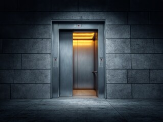 open elevator door with metal interior, isolated on dark background, corporate building scene