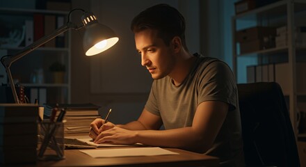 Night Study: Focused Young Man Working Late