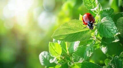 Bright Ladybug on Fresh Green Leaf in Nature Background