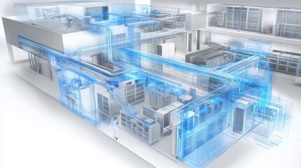 Modern Digital Data Center Infrastructure with Blue Network Visualizations and Server Equipment