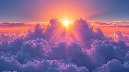 Vibrant sunrise bursts through fluffy clouds