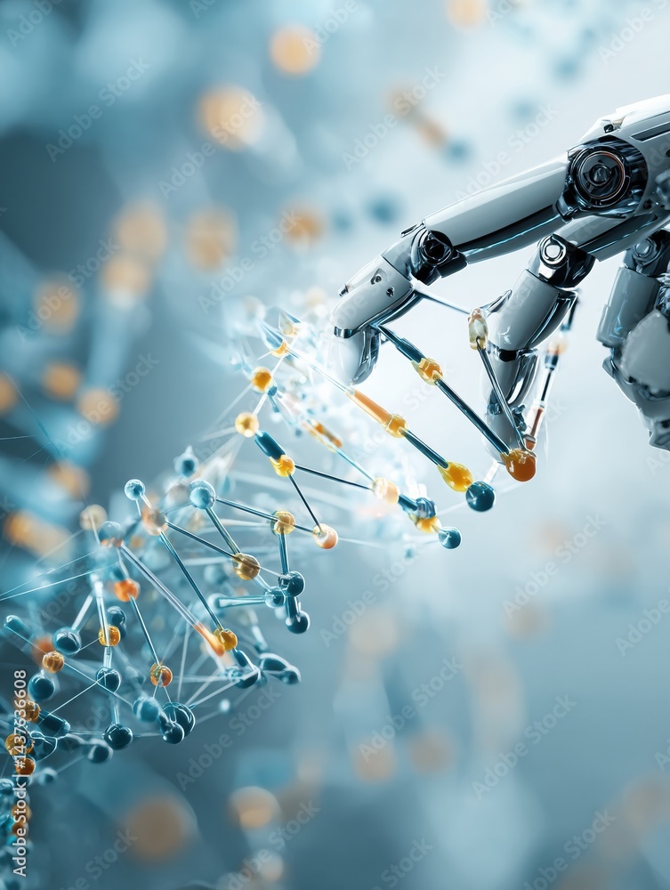 Poster Robotic Hand Engaged in Manipulation of Digital DNA Strand in a Futuristic Environment