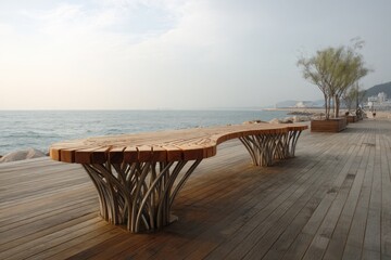 Wooden bench on boardwalk overlooking ocean, cityscape backdrop, overcast day, public space, outdoor furniture. Modern architectural design.