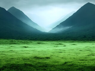 Fototapeta premium Serene Green Meadow Landscape with Misty Mountains Background A Breathtaking Nature Scene