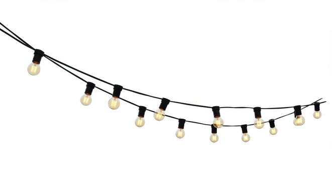 String of decorative lights with black wire and clear bulbs isolated on a white background view