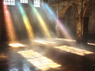 Sunbeams illuminate a derelict building's interior