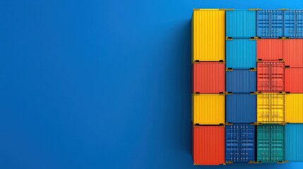 Fototapeta premium Colorful Stack of Cargo Containers against a Blue Background