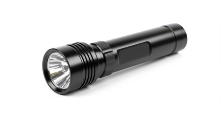 Black flashlight isolated on white background, close up shot