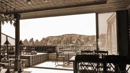 Cappadocia Traditional Turkish Cafe Interior With Lamps And Chairs Warm Sepia Concept