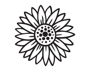 Sunflower outline drawing. Sun flower graphic logo, hand drawn doodle icon decor. Petals frame Sunflower