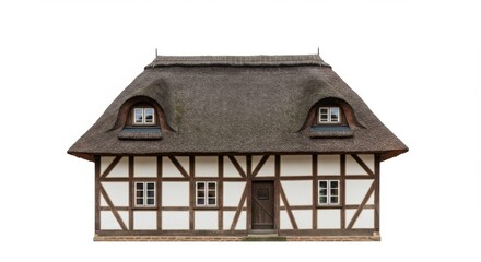 Half timbered house with thatched roof isolated on white background