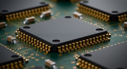 Close-up of Microchips on a Circuit Board: High-Tech Electronics and Digital Technology