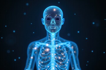 Digital representation of human skeleton with futuristic glow