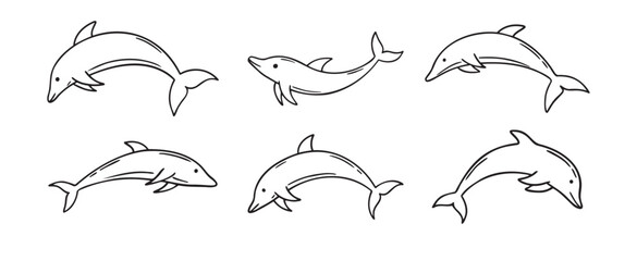 Naklejka premium dolphin doodle hand drawn icon set. Outline drawing dolphin line clipart symbol collection