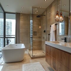 Modern bathroom interior with bathtub shower vanity and large window.