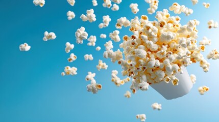 A Bucket of Popcorn Suspended in Mid-Air Against a Vibrant Blue Background, Capturing a Moment of Playful Chaos and Delicious Snacking.