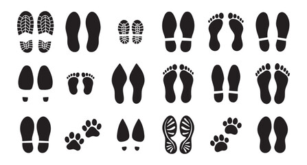 Human bare walk footprints shoes and shoe sole Kids feet vector set. footsteps icon or sign for print, trail Walking footstep and footprint follow route sale