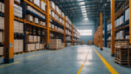 Fototapeta premium Blur warehouse background, Blurred factory storage, industry warehouse cargo space for delivery shipping bokeh light background, business logistics distribution shelf box store backdrop