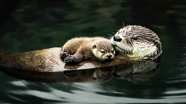 Mother otter cradles her playful pup in serene waters at dawn, showcasing tender bond and nature's beauty Generative AI