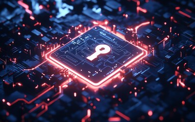 Minimalist futuristic AI chip with digital key symbol, cryptographic data protection concept, bright white neon lights, isometric design
