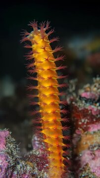 Striking close-up of a vivid orange fireworm or bristleworm with red parapodia found along a reef ecosystem environment.