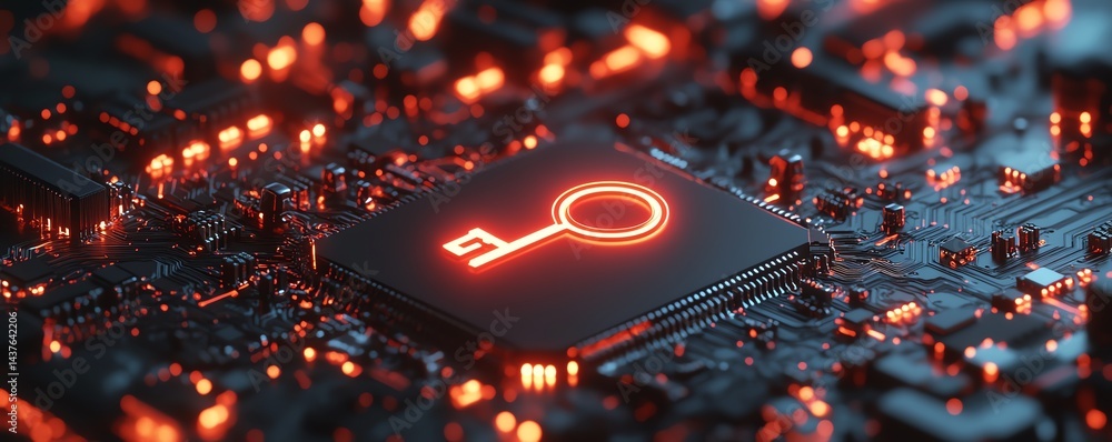 Poster white neon microchip with glowing key symbol in the center, futuristic cryptographic security concep