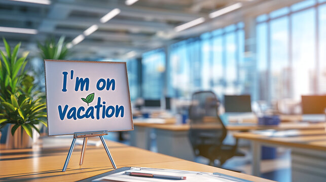 Sign "I'm on vacation" stands on office table in workroom of business center, sunny summer day