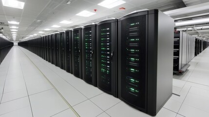 Rows of Server Racks in a Modern Data Center with Illuminated Indicators and Cable Management
