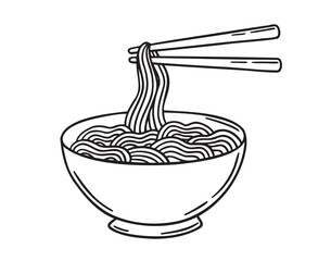 Bowl of noodle with chopsticks doodle hand drawn icon. Outline drawing bowl of noodle with chopsticks line clipart symbol