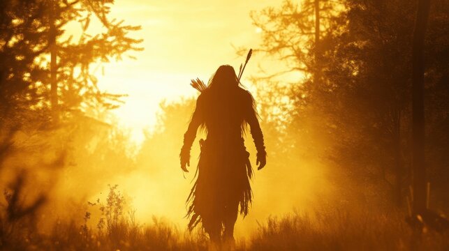 Silhouette of an old Indian warrior with long hair and tattered robe walking into golden mist at sunset, forest trees framing divine farewell light.