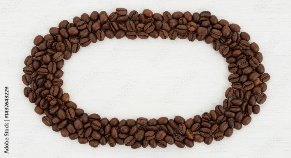 Poster oval shape made of coffee beans on a white background creating a frame for text or images
