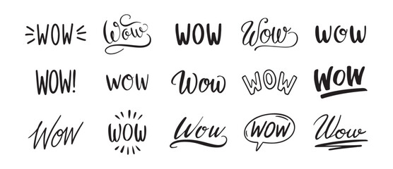 word WOW hand drawn lettering phrase or quote set. wow modern freehand style isolated on white background for print clipart.