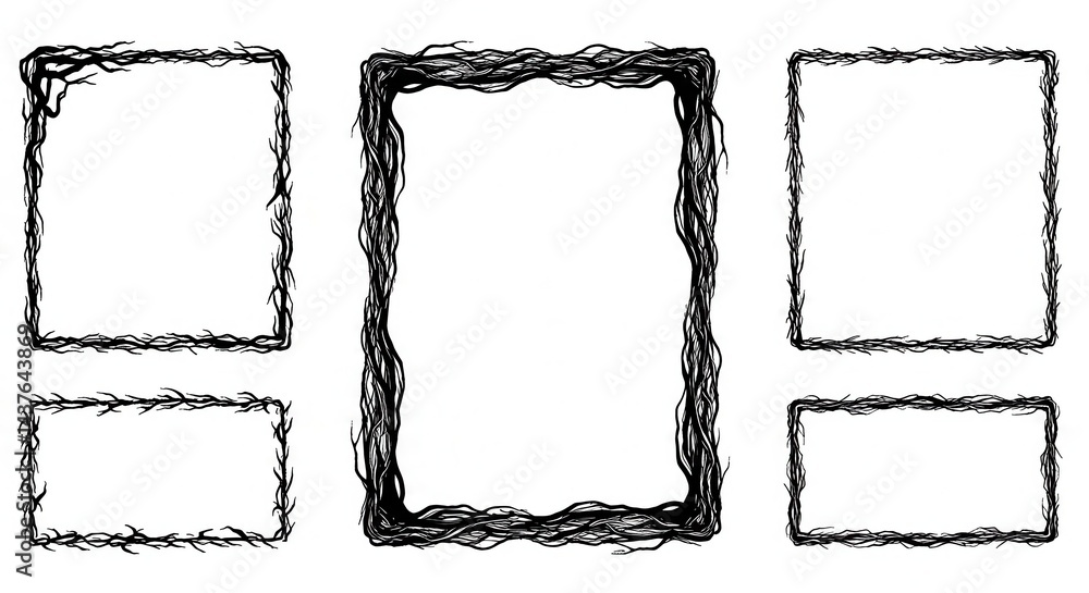 Poster Collection of five frames made of intertwined branches in different shapes and sizes on white background