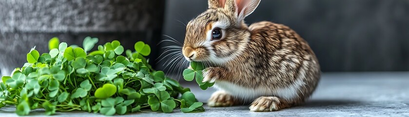 Bunny eating clover on a table against a dark background for easter and healthy eating