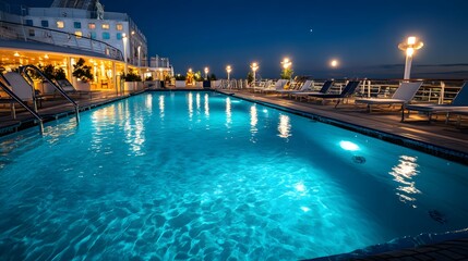 Fototapeta premium Illuminated pool deck at night on a cruise ship.