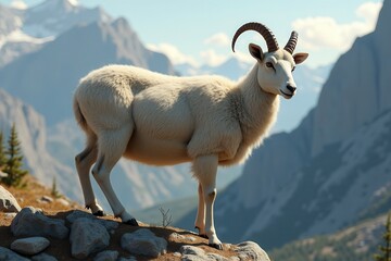 Fototapeta premium Mountain goat standing on rocky terrain with scenic mountain backdrop