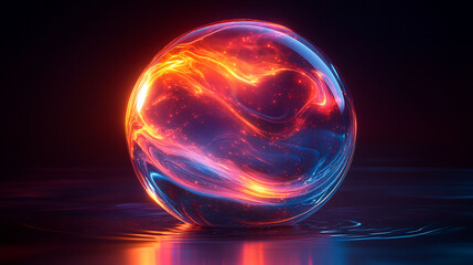 Abstract glowing sphere, vibrant colors, smooth surface, dynamic fluid design, on reflective surface.