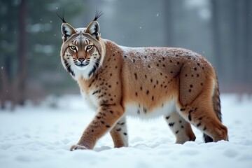 Fototapeta premium Eurasian lynx gracefully walking snowy landscape
