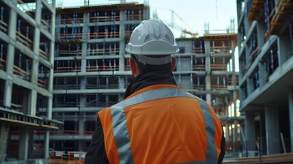 Fototapeta premium A man in a hard hat and orange vest stands in front of a building