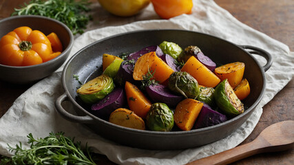 Rainbow Winter Vegetable Medley A baking tray filled with roasted winter vegetables&mdash;purple sweet potatoes, golden beets, bright orange carrots, and green Brussels sprouts. The vegetables are tossed in