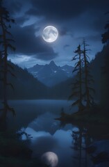 A dark silhouette of trees and mountains frames the moon's light over the still lake in the night landscape