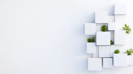 Geometric Harmony: A visually striking composition of modern design, showcasing a series of white cubes gracefully arranged to create a contemporary aesthetic, each housing vibrant greenery