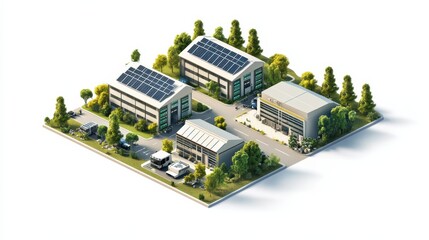Modern Eco-Friendly Business Complex with Solar Panels and Green Landscaping in Urban Setting
