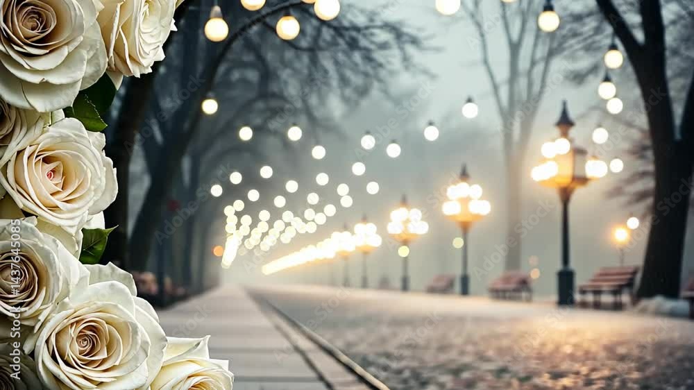 Aufkleber Walk through an enchanting park adorned with soft roses and glowing lanterns on a misty evening stroll Generative AI