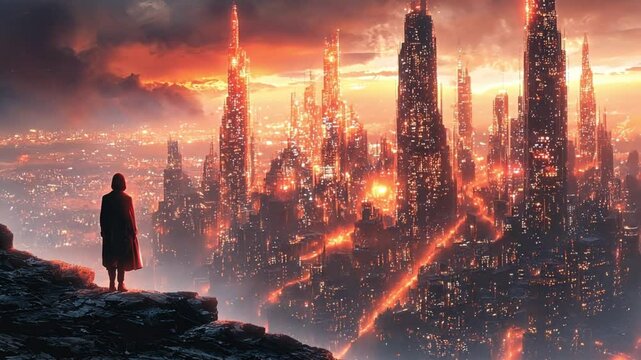 A lone figure observes a fiery futuristic cityscape at sunset, a digital painting depicting a dystopian or post-apocalyptic world.