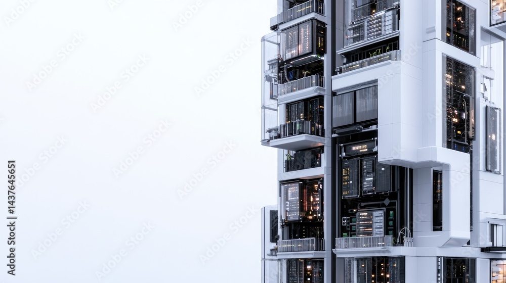 Poster modern data center tower with server racks and digital technology