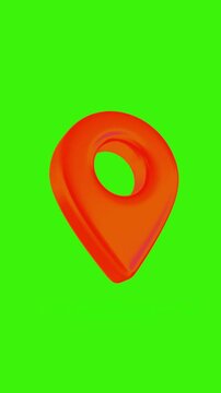 Angular red big location map pin icon, 3d rendered animated model, map red marker symbol angle view, poping up animation on solidgreen screen vertical background